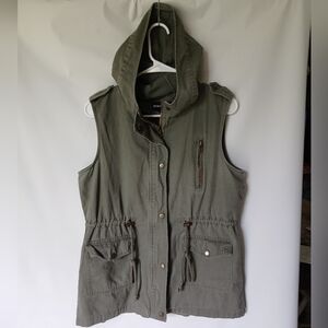 Vintage Zenna Outfitters Sleeveless Utility Cargo Style Vest Hoodie Med Olive
